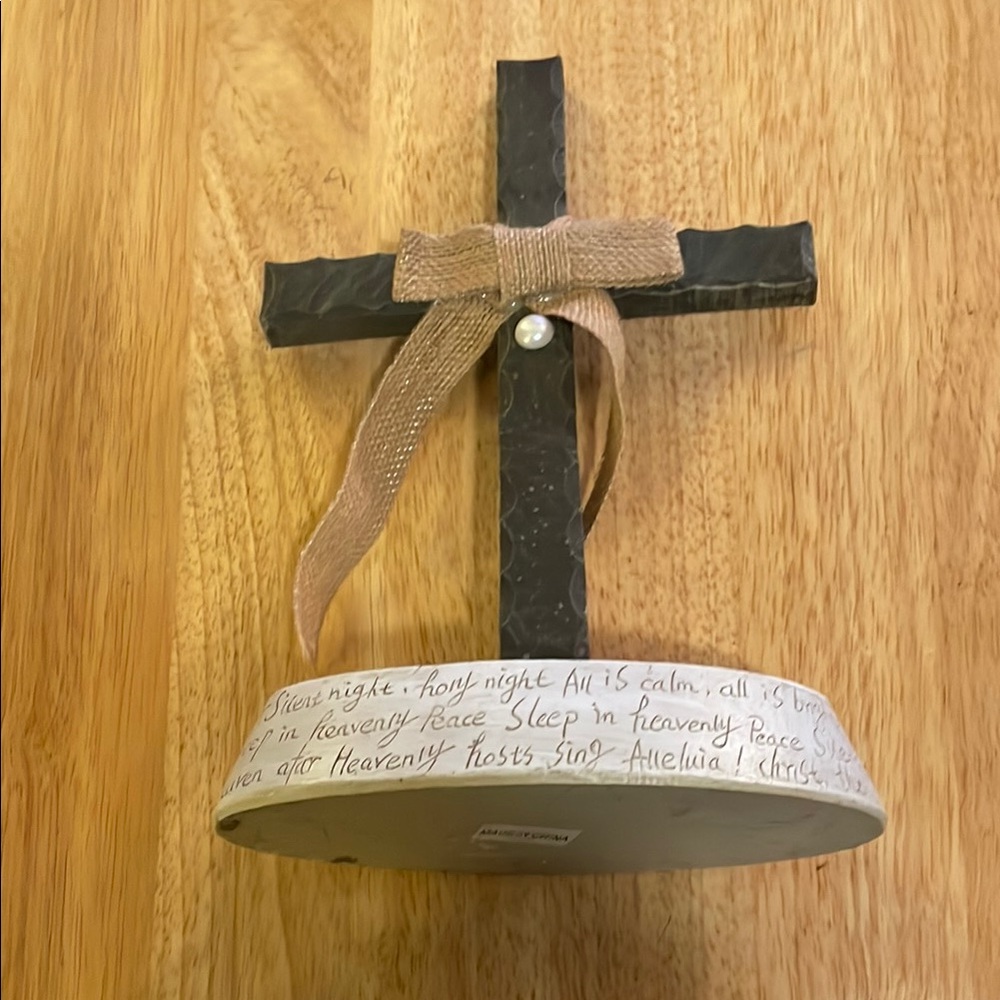Decorative Cross with Bow and Silent Night Script, hard plastic/resin material.